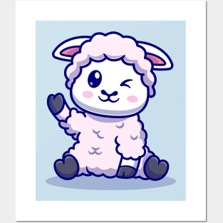 Cute Baby Sheep Waving Hand Cartoon Posters and Art